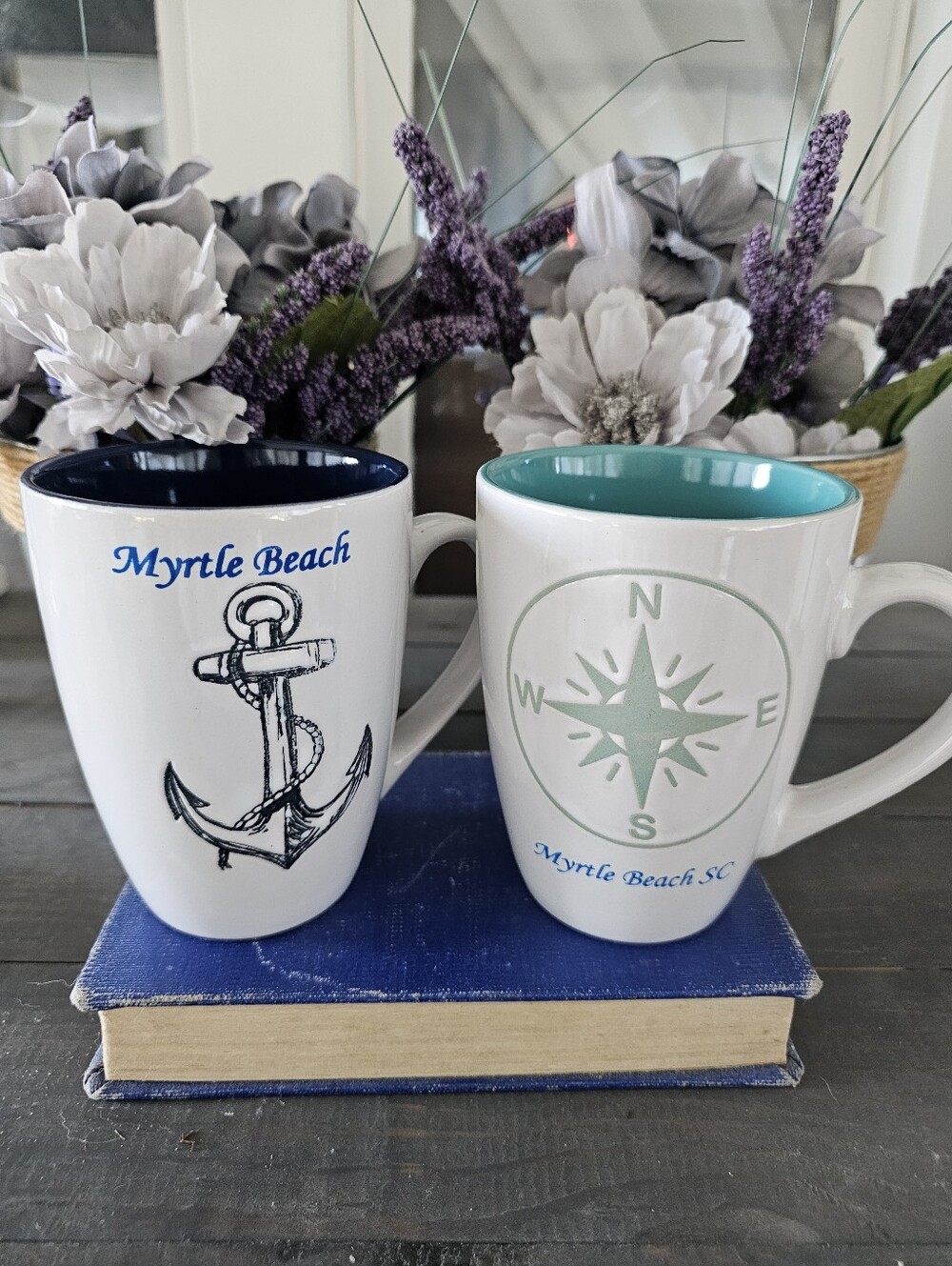 Myrtle Beach Nautical Ceramic Coffee Mugs - White with Navy and Teal Interiors